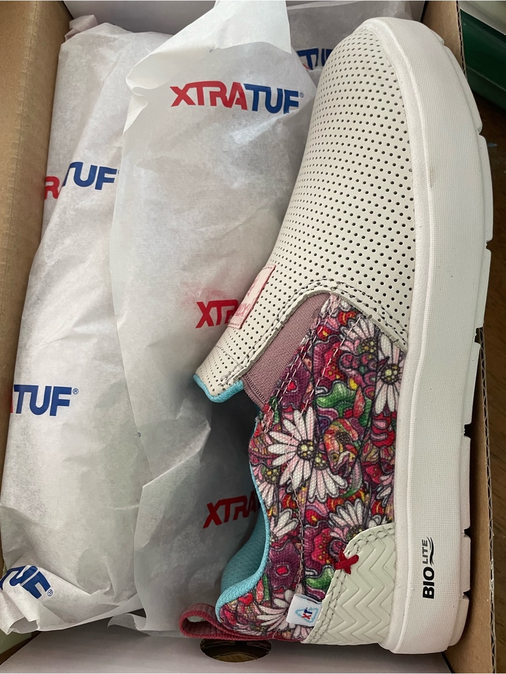 XTRATUF Women’s White Slip-On Sneakers with Pink Floral Panels